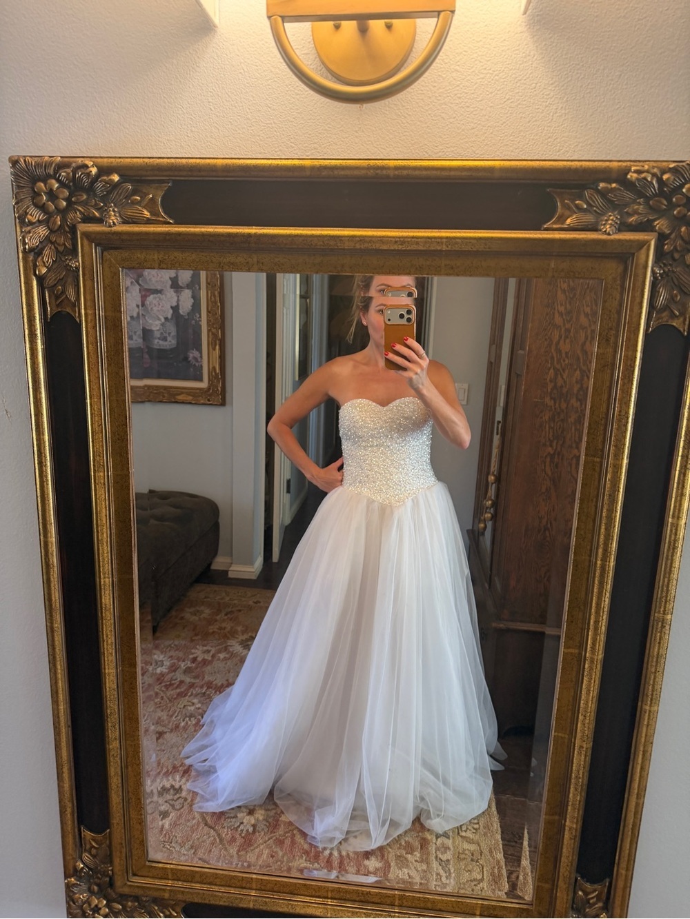 Strapless Beaded Bodice Tulle Ball Gown - White
